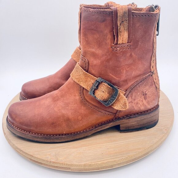 Frye Boots Womens 7.5 Tan Leather Back Zip Vicky Ankle Engineer Moto Biker - Picture 7 of 13